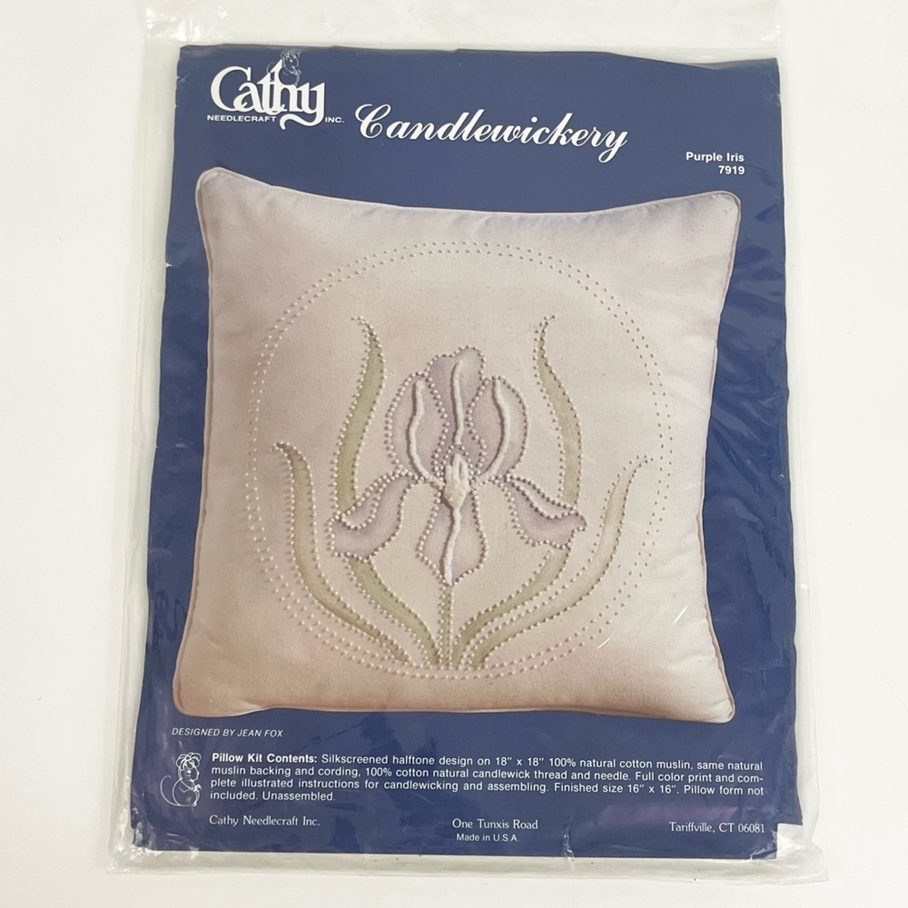 Vintage Cathy Needlecraft Candlewickery Embroidery Kit Purple Iris Pillow Case
